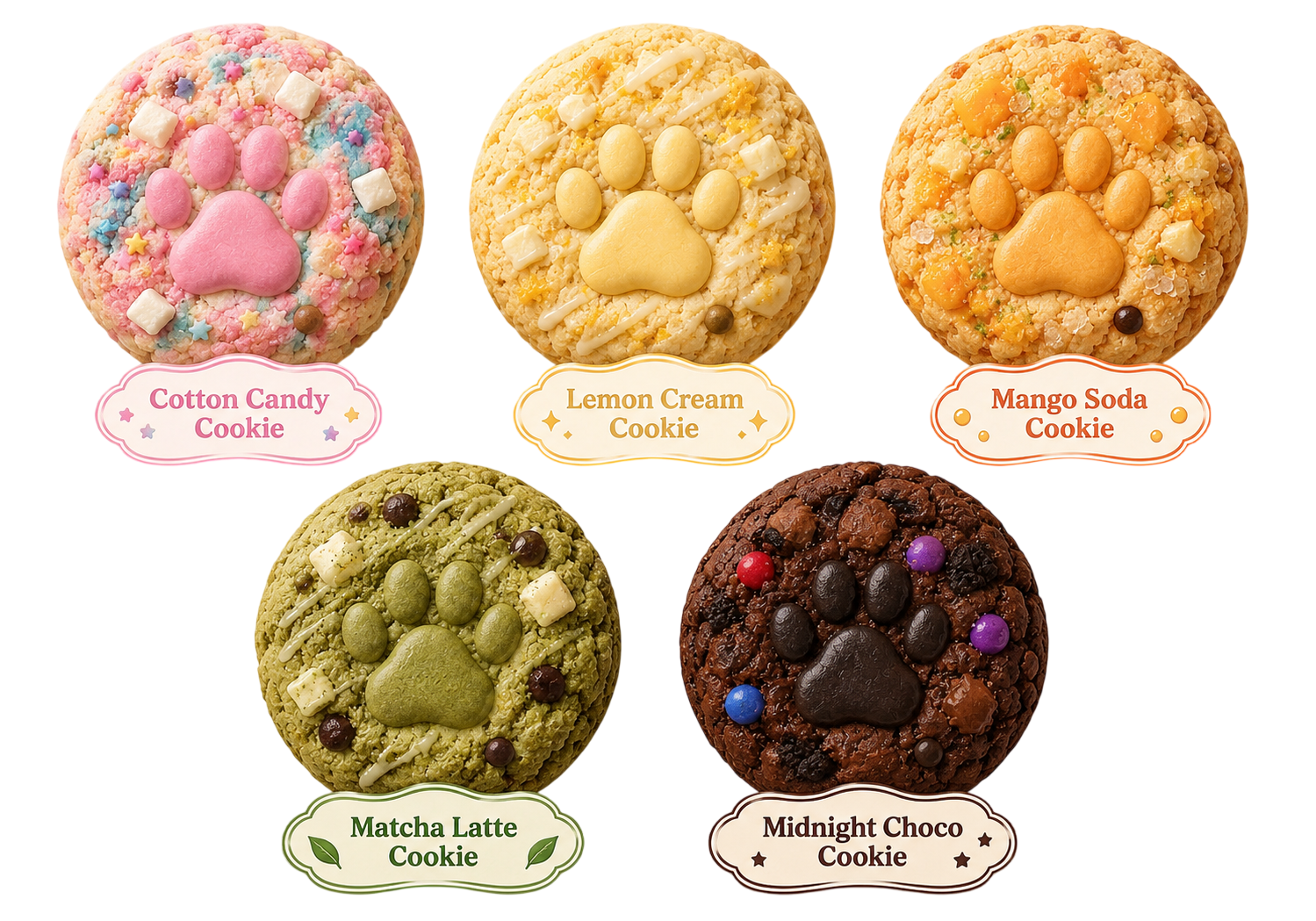 Cotton Candy, Lemon Cream, Mango Soda, Matcha Latte, Midnight Choco 쿠키 5종